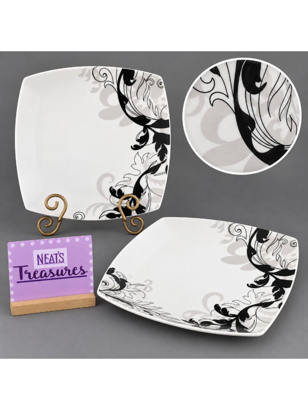 222 Fifth MODERN SCROLL Square Black White Taupe Porcelain Dinner Plates Set 2